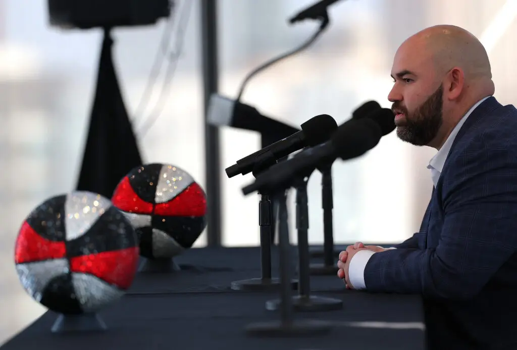 Atlanta Dream GM Dan Padover speaks to media during a February 2025 press conference.
