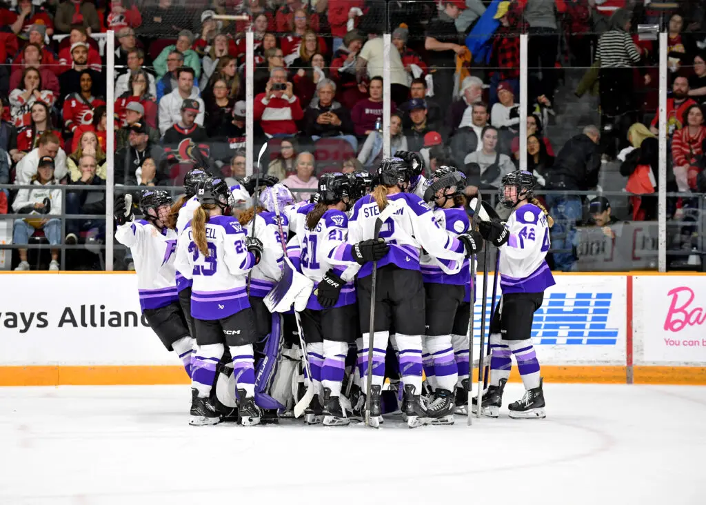 The Minnesota Frost celebrate a goal during Game 2 of the 2025 PWHL Finals.