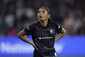 Angel City forward Alyssa Thompson reacts to a loss during the 2025 NWSL season.