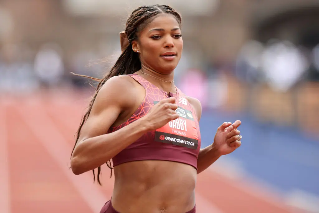 US sprinter Gabby Thomas competes in the 100-meter race at the 2025 Philadelphia Grand Slam Track meet.