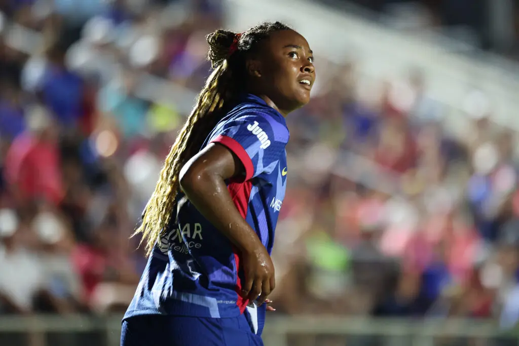North Carolina Courage forward Jaedyn Shaw looks across the pitch during a 2025 NWSL match.
