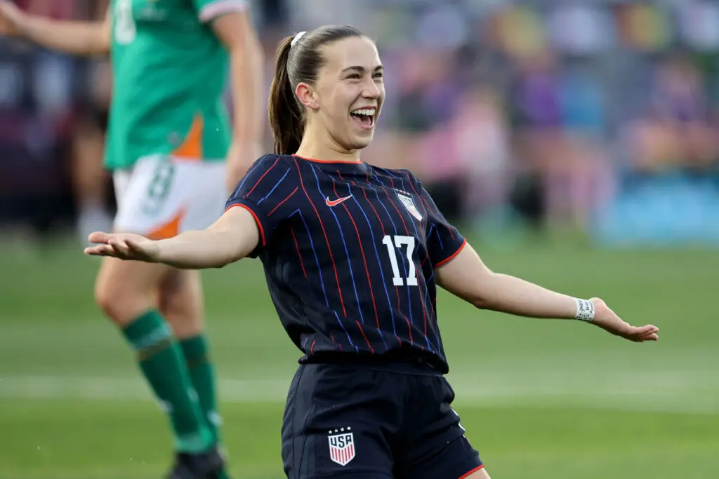 USWNT midfielder Sam Coffey celebrates a goal during a 2025 friendly.