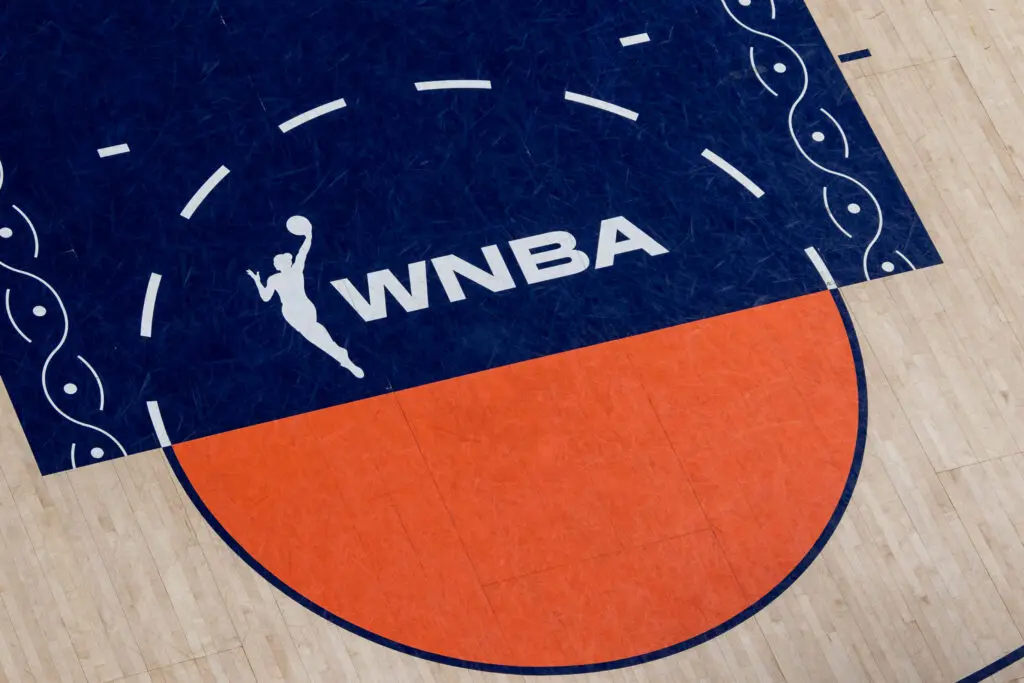 A general view of the WNBA logo on the court at Connecticut's Mohegan Sun Arena before a 2025 game.