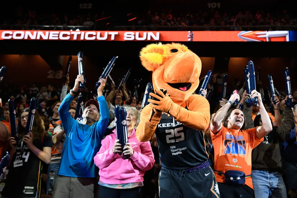 Connecticut Sun fans and team mascot Blaze cheer during a 2025 WNBA game.