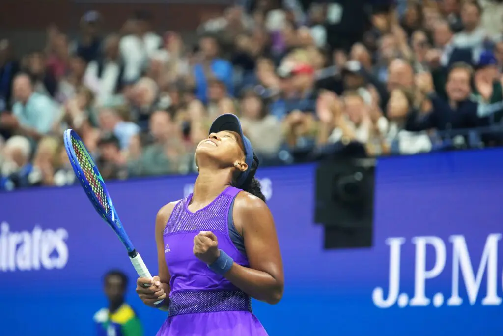 Naomi Osaka celebrates her 2025 US Open quarterfinals win.