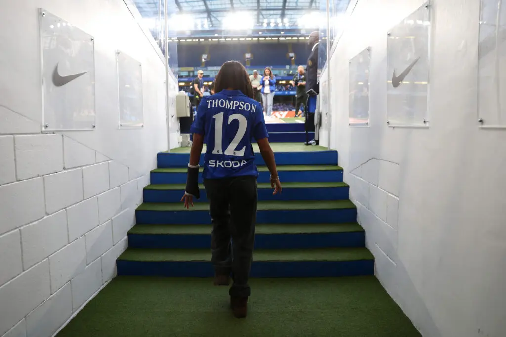 USWNT star and new Chelsea FC signee Alyssa Thompson walks out to the pitch to be introduced to WSL fans before a 2025 match.
