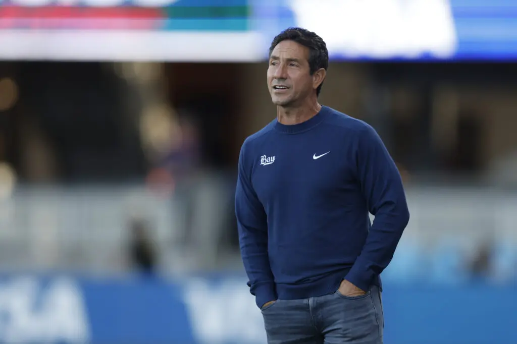 Bay FC head coach Albertin Montoya looks on before a 2025 NWSL match.