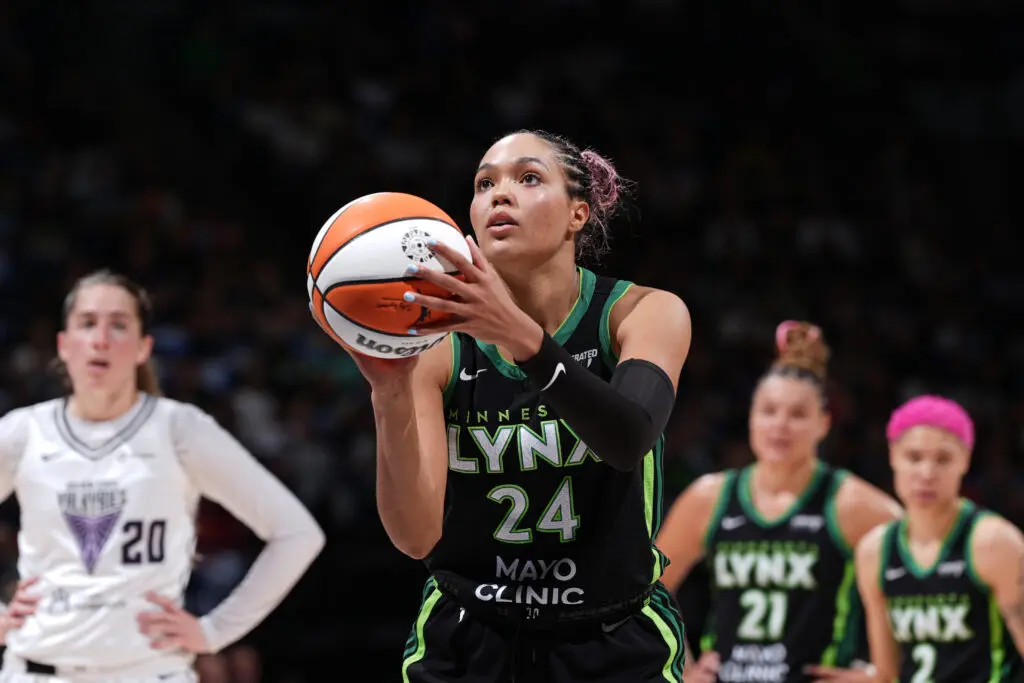 Minnesota Lynx star Napheesa Collier lines up a free throw during the first game of the 2025 WNBA Playoffs.