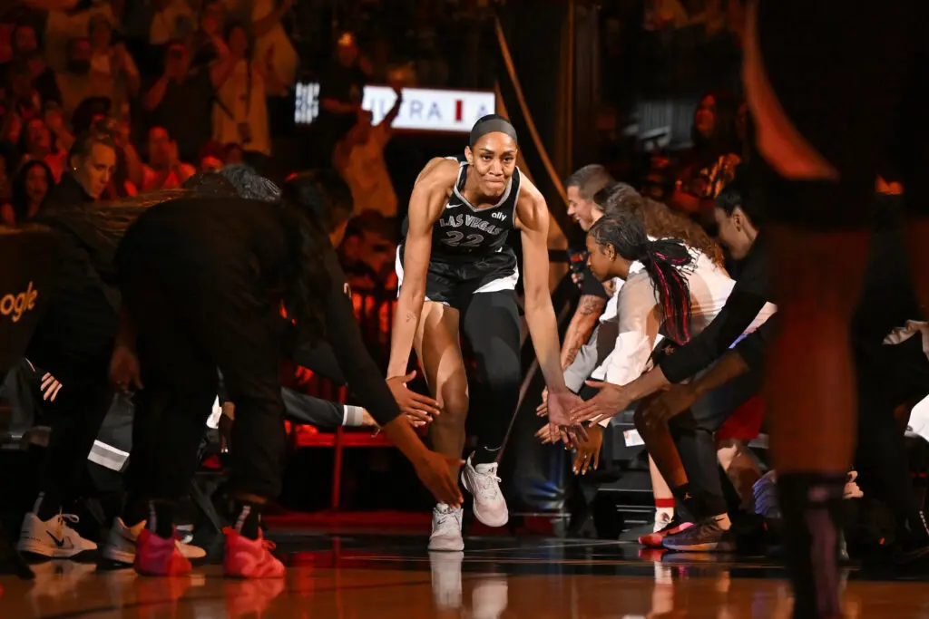 Las Vegas Aces center A'ja Wilson is introduced before Game 1 of the 2025 WNBA Playoffs.