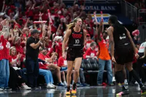 Indiana Fever guard Lexie Hull celebrates her team's Game 2 win in the first round of the 2025 WNBA Playoffs.