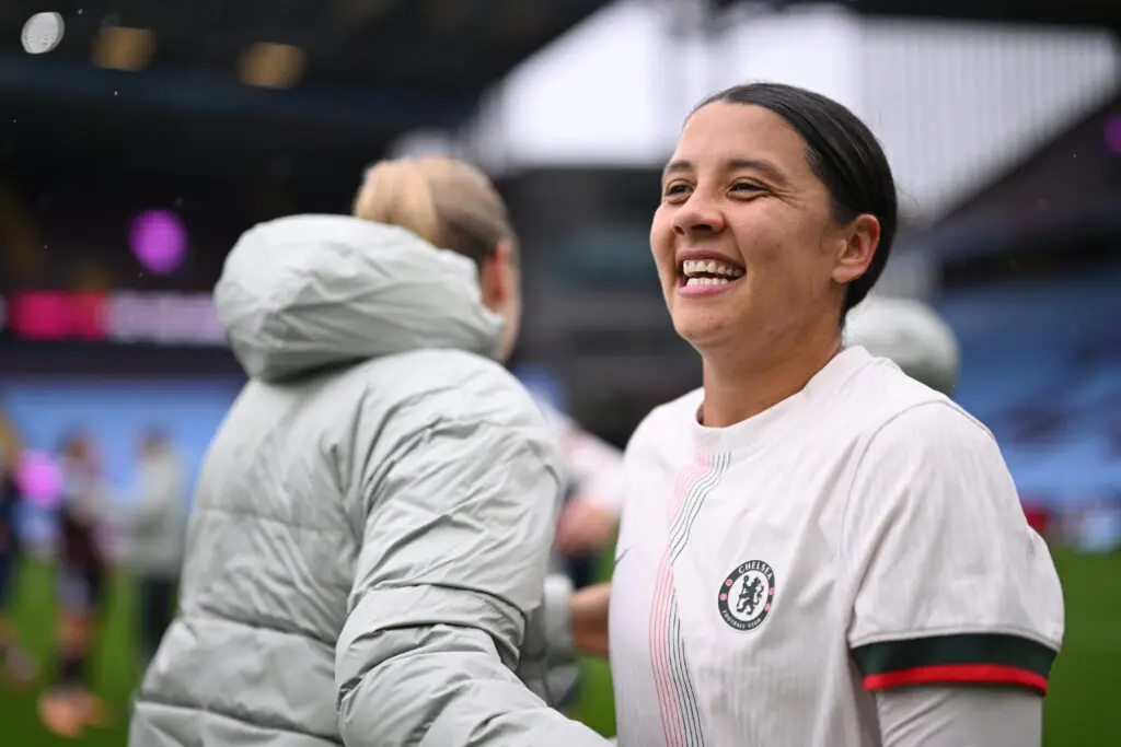 Chelsea FC striker Sam Kerr grins after scoring in her long-awaited return from injury in a 2025 WSL match.