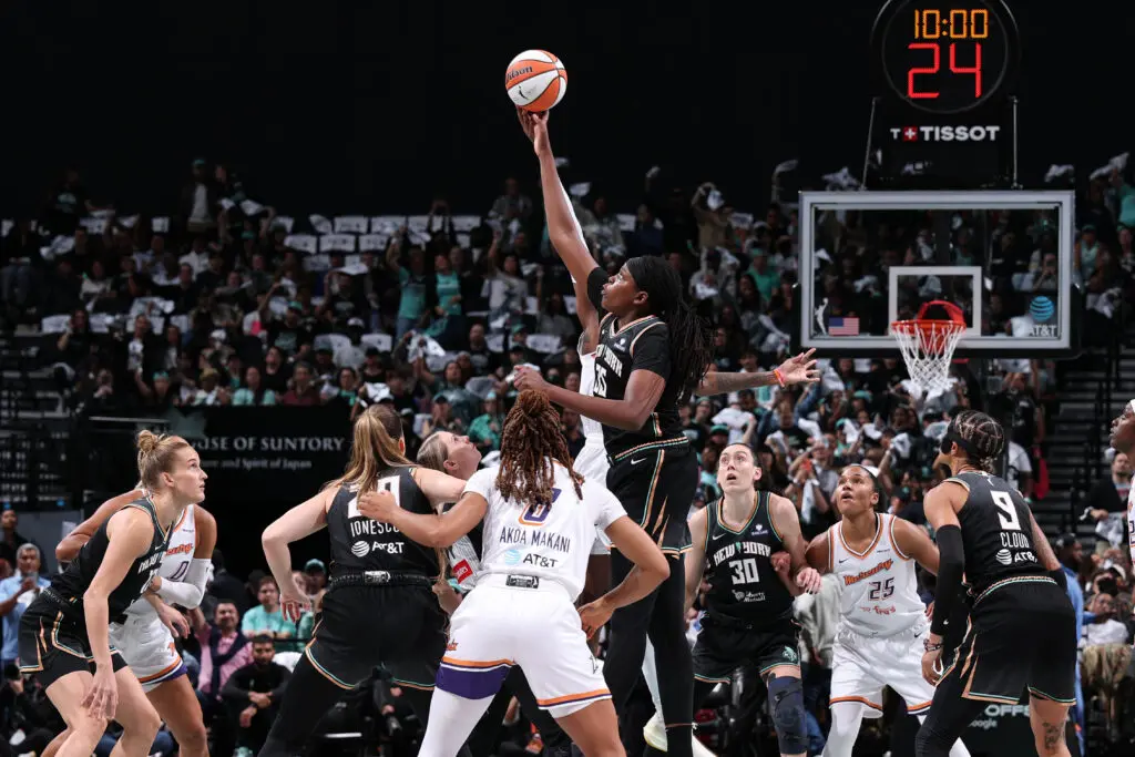 New York Liberty center Jonquel Jones reaches for the opening tip-off during Game 2 of the first round of the 2025 WNBA Playoffs.