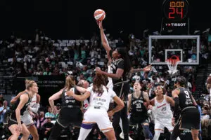 New York Liberty center Jonquel Jones reaches for the opening tip-off during Game 2 of the first round of the 2025 WNBA Playoffs.