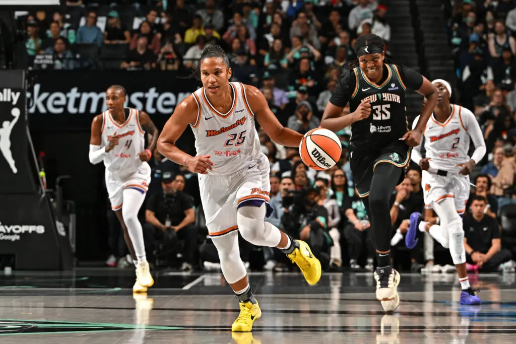 New York Liberty center Jonquel Jones chases down Phoenix Mercury forward Alyssa Thomas during Game 2 in the first round of the 2025 WNBA Playoffs.