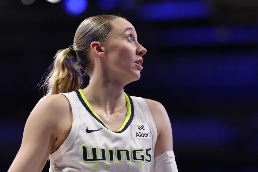 Dallas Wings rookie Paige Bueckers looks up during a 2025 WNBA game.