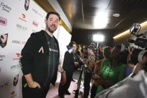 Angel City co-founder Alexis Ohanian speaks to media before a 2022 NWSL match.