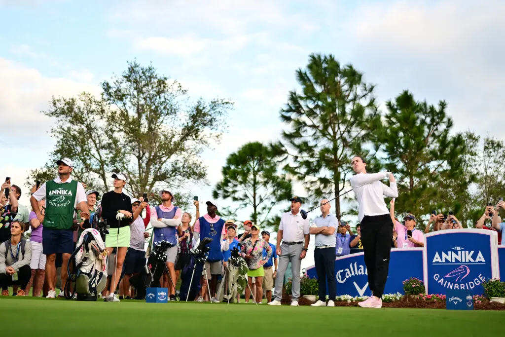 WNBA star Caitlin Clark tees off at The Annika Pro-Am in 2024.