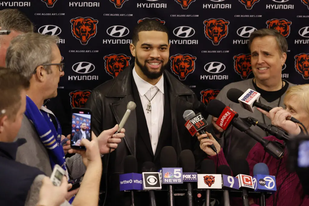 Chicago Bears quarterback Caleb Williams speaks to media at a 2025 NFL press conference.