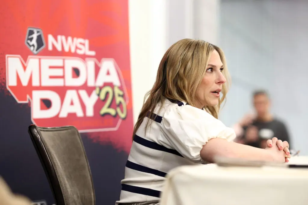 Commissioner Jessica Berman speaks with press during the 2025 NWSL Media Day.