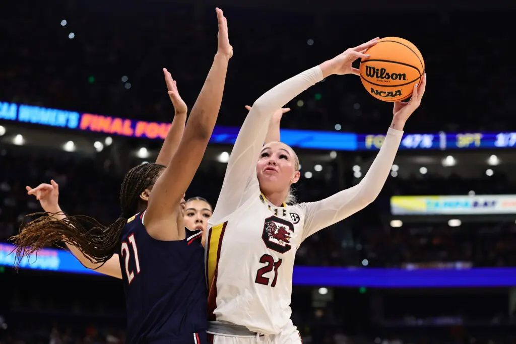 South Carolina junior Chloe Kitts muscles up a shot during the 2025 NCAA basketball championship game.