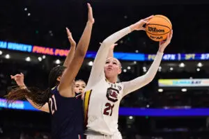 South Carolina junior Chloe Kitts muscles up a shot during the 2025 NCAA basketball championship game.