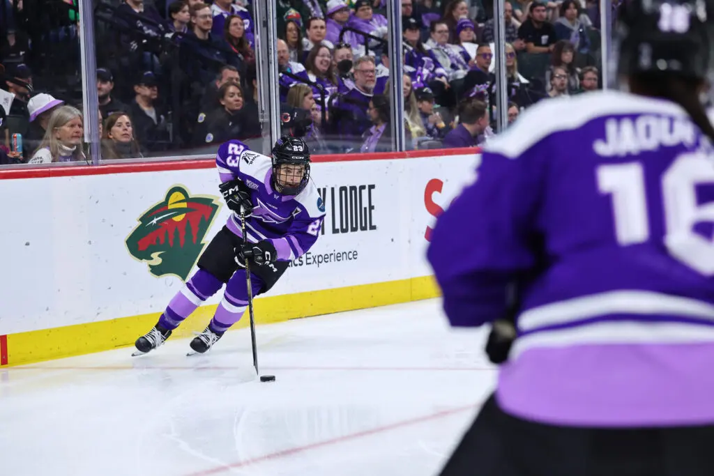 Minnesota Frost defender Mellissa Channell-Watkins skates with the puck during Game 4 of the 2025 PWHL Finals.