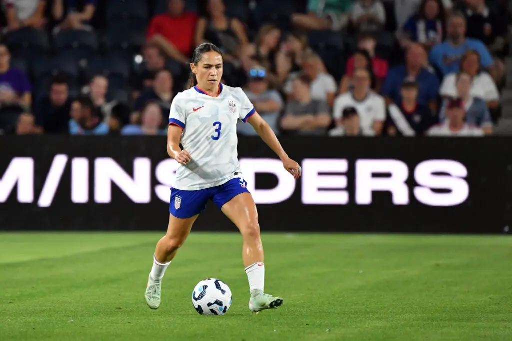 USWNT midfielder Lo'eau LaBonta controls the ball during a 2025 friendly.