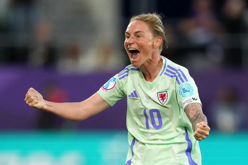 Wales star Jess Fishlock celebrates scoring her team's first-ever major tournament goal at the 2025 Euro.