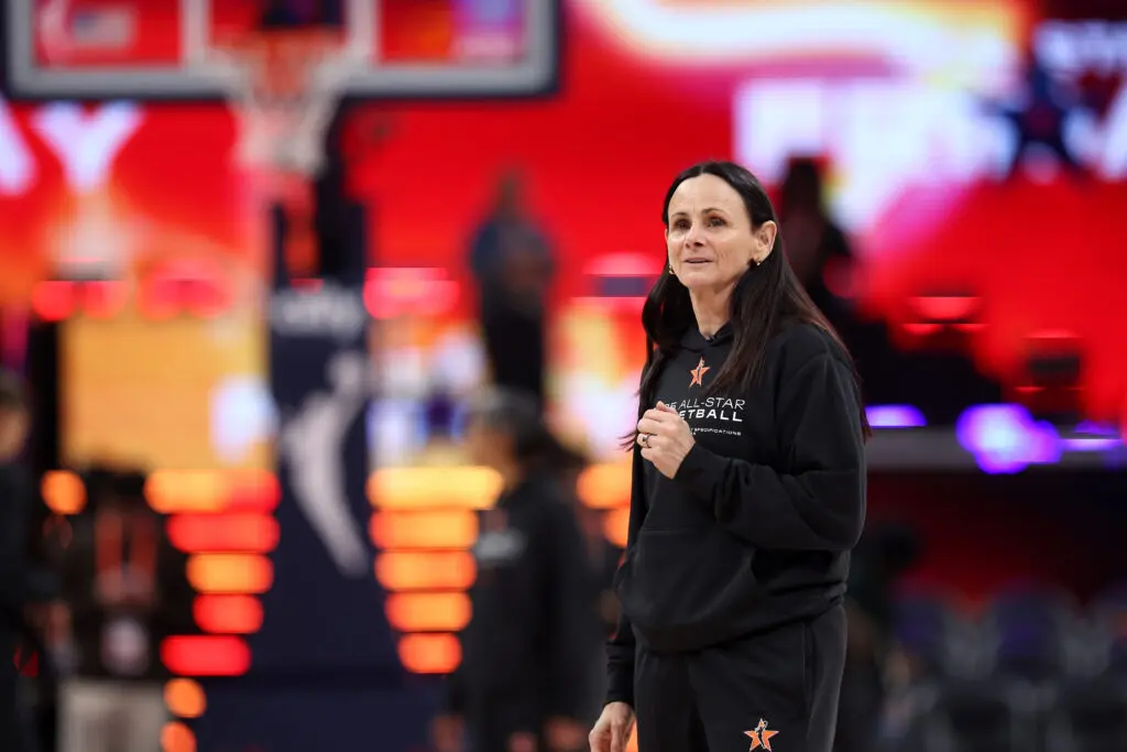 2025 WNBA All-Star head coach Sandy Brondello reacts during a practice session.