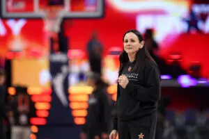 2025 WNBA All-Star head coach Sandy Brondello reacts during a practice session.