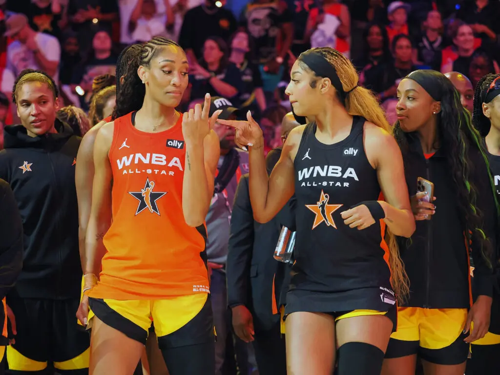 A'ja Wilson and Angel Reese dance and banter during the 2025 WNBA All-Star Game.
