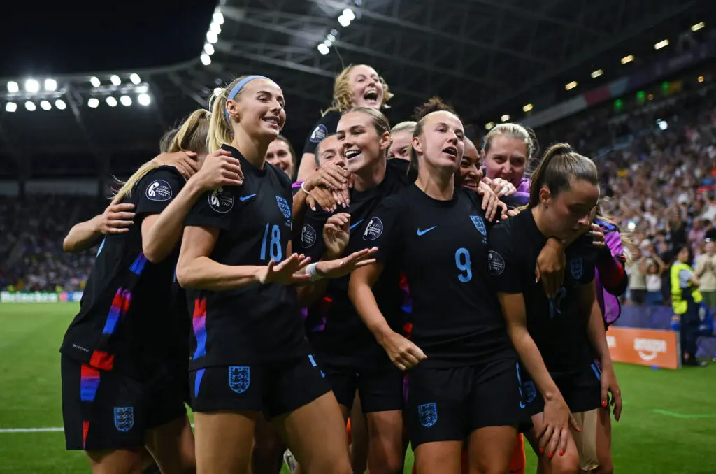 England players celebrate an extra-time goal from Chloe Kelly during their 2025 Euro semifinal.