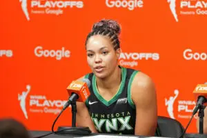 Minnesota Lynx forward Napheesa Collier speaks to media after Game 1 of the first round of the 2025 WNBA Playoffs.