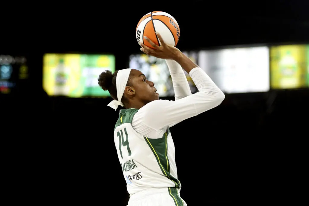 Seattle Storm rookie Dominique Malonga lines up a shot during Game 3 of the 2025 WNBA Playoffs.