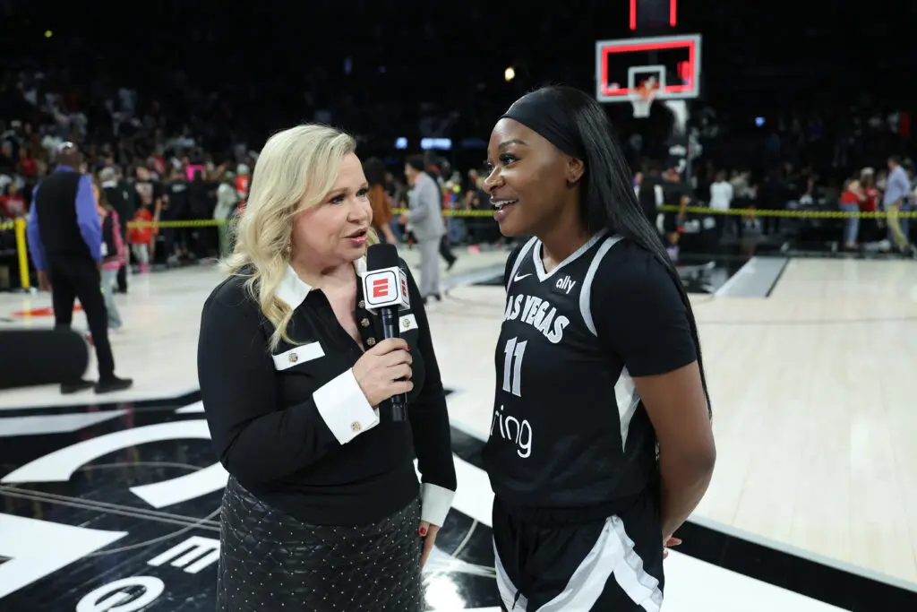 ESPN's Holly Rowe interviews Las Vegas Aces guard Dana Evans after Game 1 of the 2025 WNBA Finals.