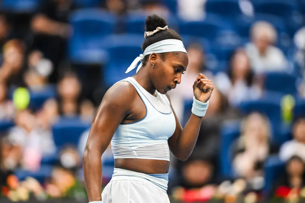 US tennis star Coco Gauff celebrates a point during her quarterfinal match at the 2025 China Open.