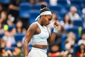 US tennis star Coco Gauff celebrates a point during her quarterfinal match at the 2025 China Open.