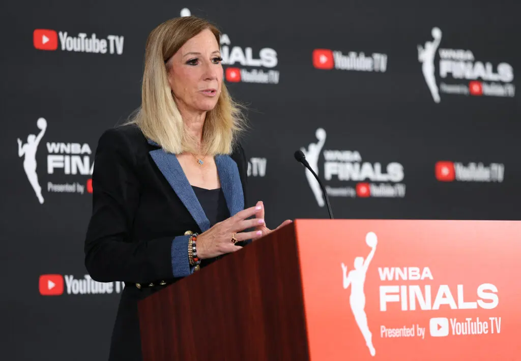 WNBA commissioner Cathy Engelbert speaks to media before Game 1 of the 2025 Finals.