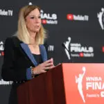 WNBA commissioner Cathy Engelbert speaks to media before Game 1 of the 2025 Finals.
