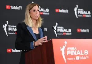 WNBA commissioner Cathy Engelbert speaks to media before Game 1 of the 2025 Finals.