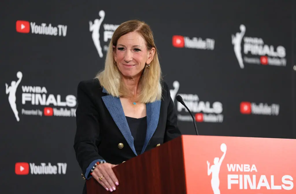 Commissioner Cathy Engelbert speaks to media before Game 1 of the 2025 WNBA Finals.