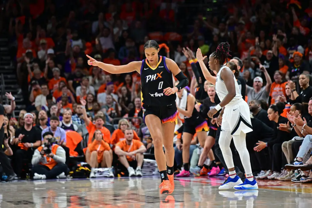 Phoenix Mercury forward Satou Sabally celebrates a play during Game 3 of the 2025 WNBA Finals.