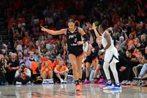 Phoenix Mercury forward Satou Sabally celebrates a play during Game 3 of the 2025 WNBA Finals.