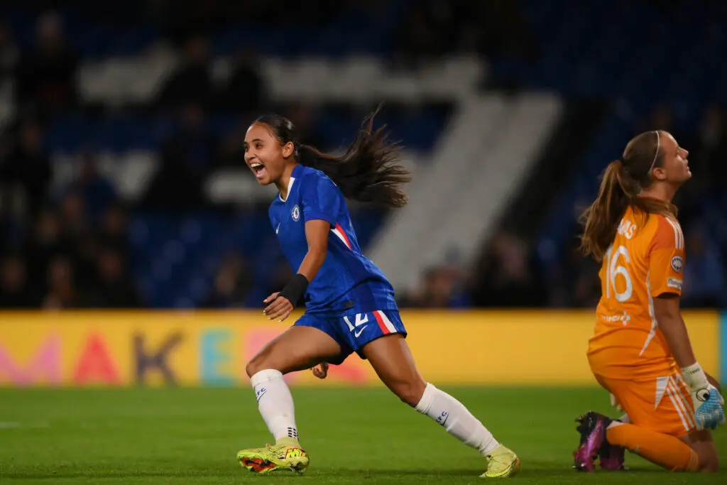 Chelsea forward Alyssa Thompson celebrates after scoring her first-ever Champions League goal.