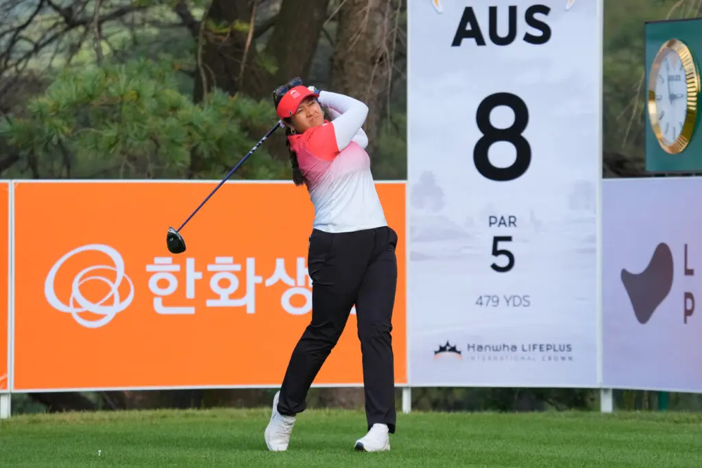 US golf star Lilia Vu takes a shot during a practice round ahead of the 2025 International Crown.