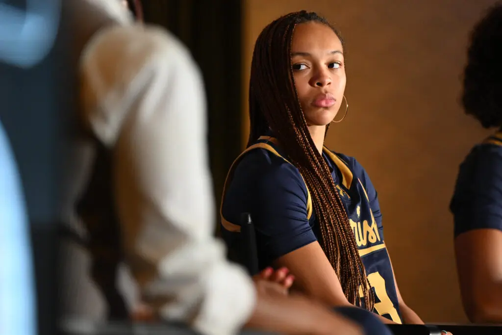 Notre Dame guard Hannah Hidalgo looks on during ACC media day ahead of the 2025/26 NCAA basketball season.