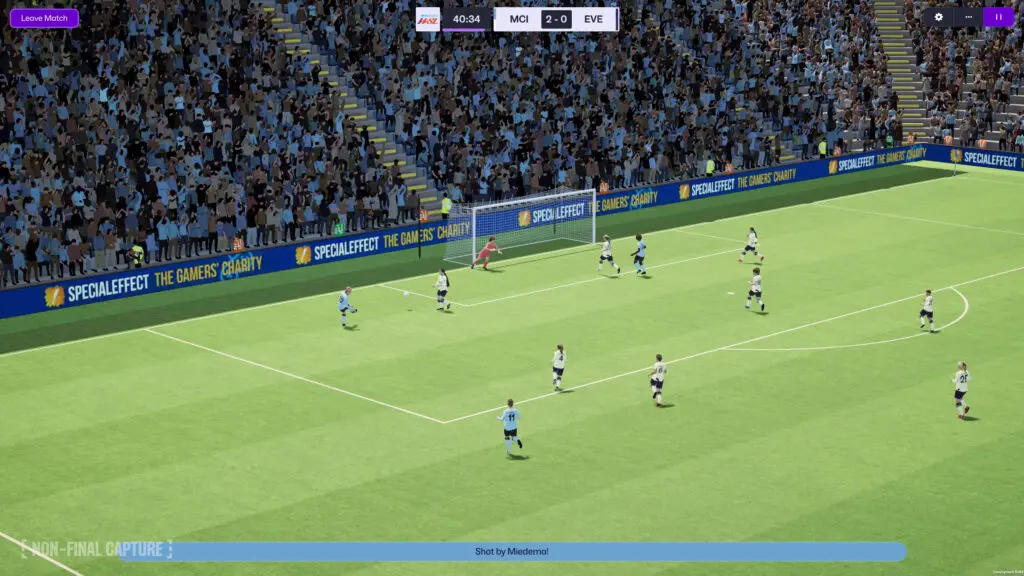 A graphic from video game Football Manager depicts a match in progress.
