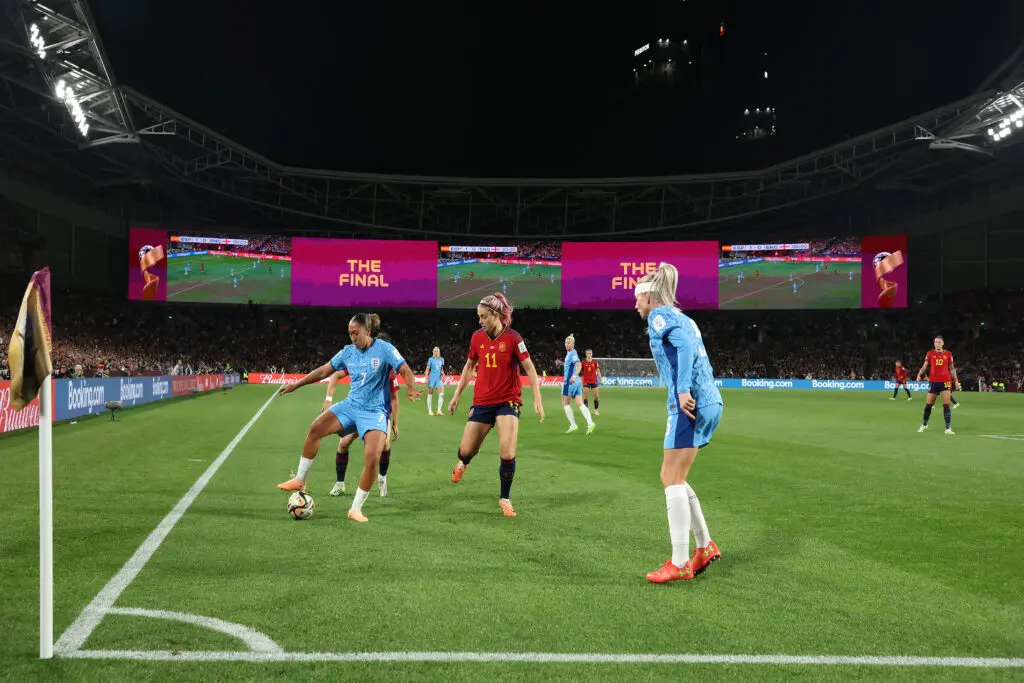 England attacker Lauren James controls the ball near a corner flag during the 2023 World Cup final against Spain.