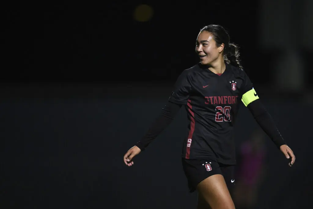 Stanford forward Andrea Kitahata looks across the pitch during a 2024 NCAA soccer tournament match.