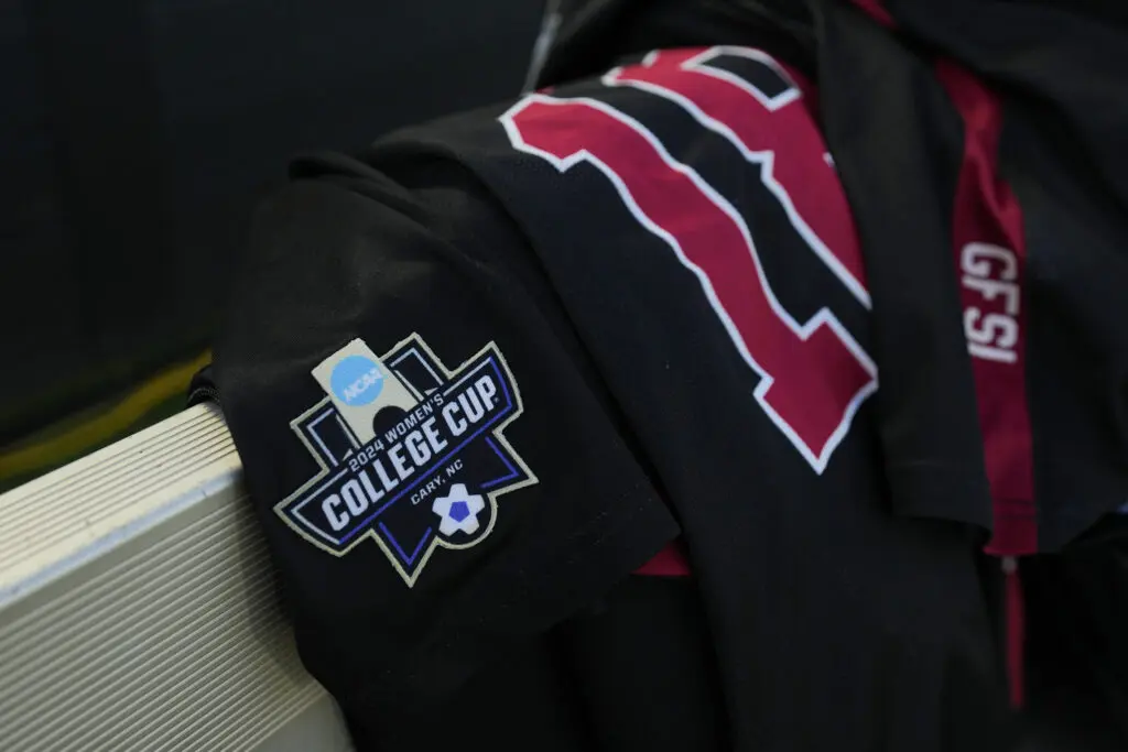 A detailed view of a Stanford jersey bearing an NCAA College Cup patch.